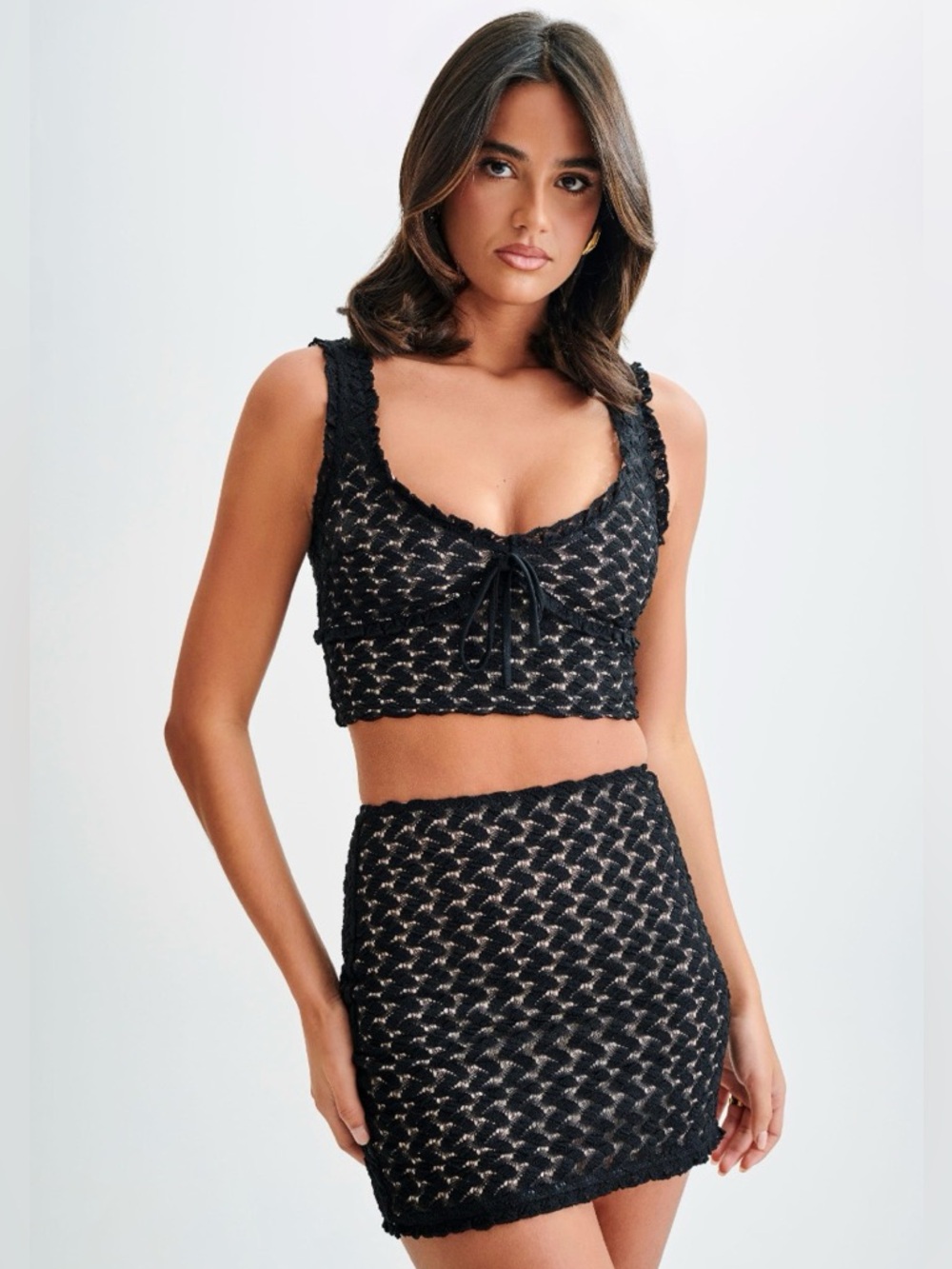 NWOT MESHKI Morgan Mesh and Lace Sleeveless Top & Mini Skirt - Black